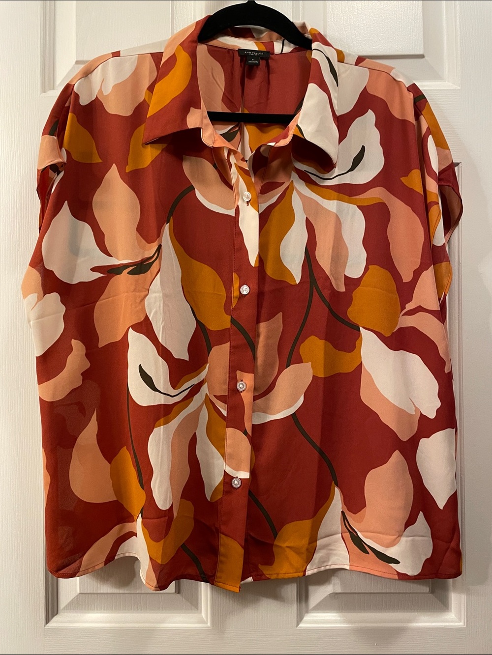 Ann Taylor Fall Floral Print Orange & Cream Blouse XL Short Sleeve